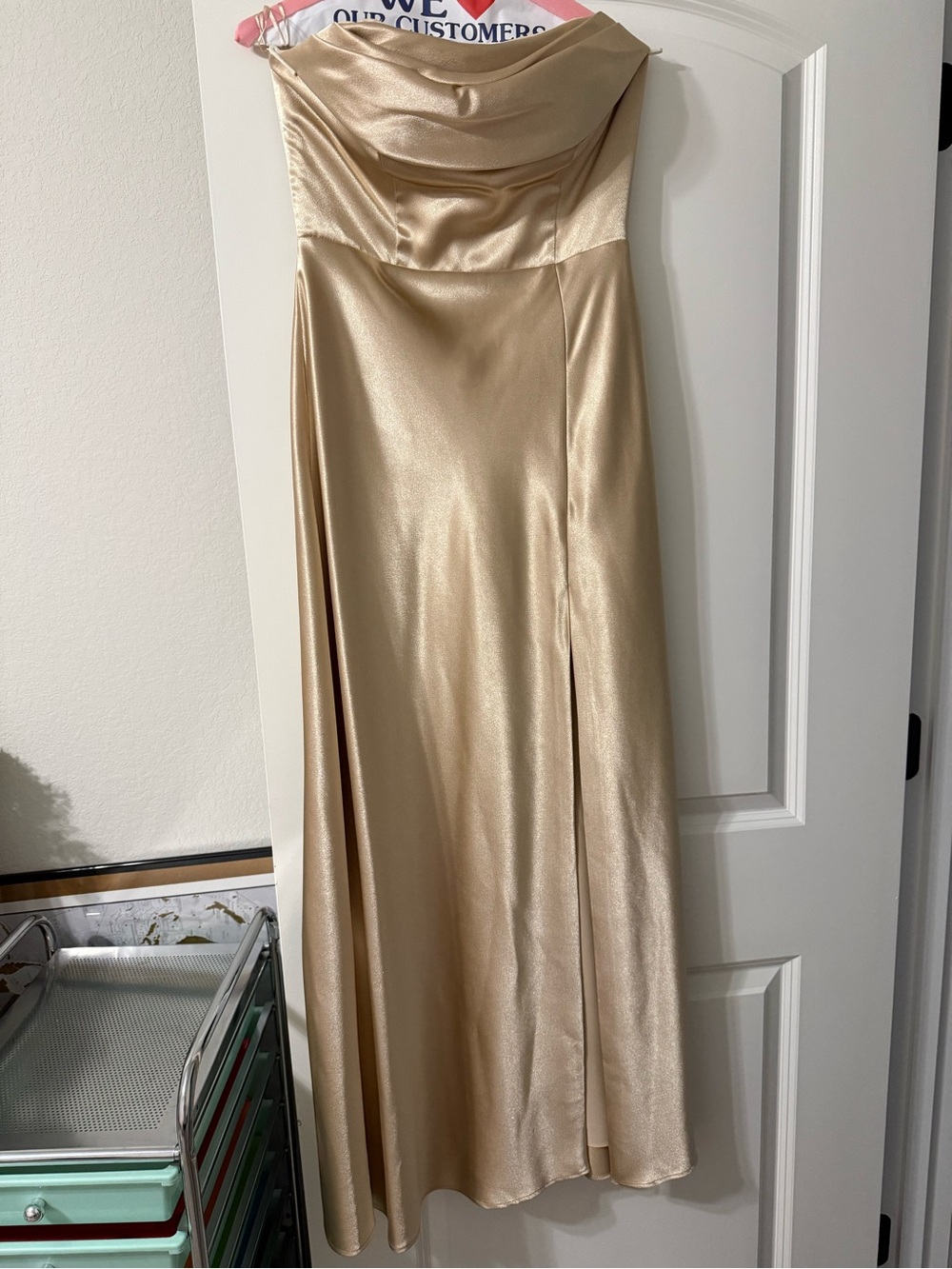 Birdy Grey Strapless Satin Gown in Champagne Gold